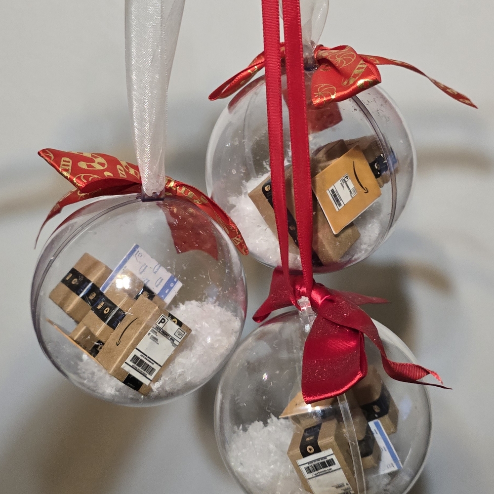 3 Clear Ornaments with Amazon Packages